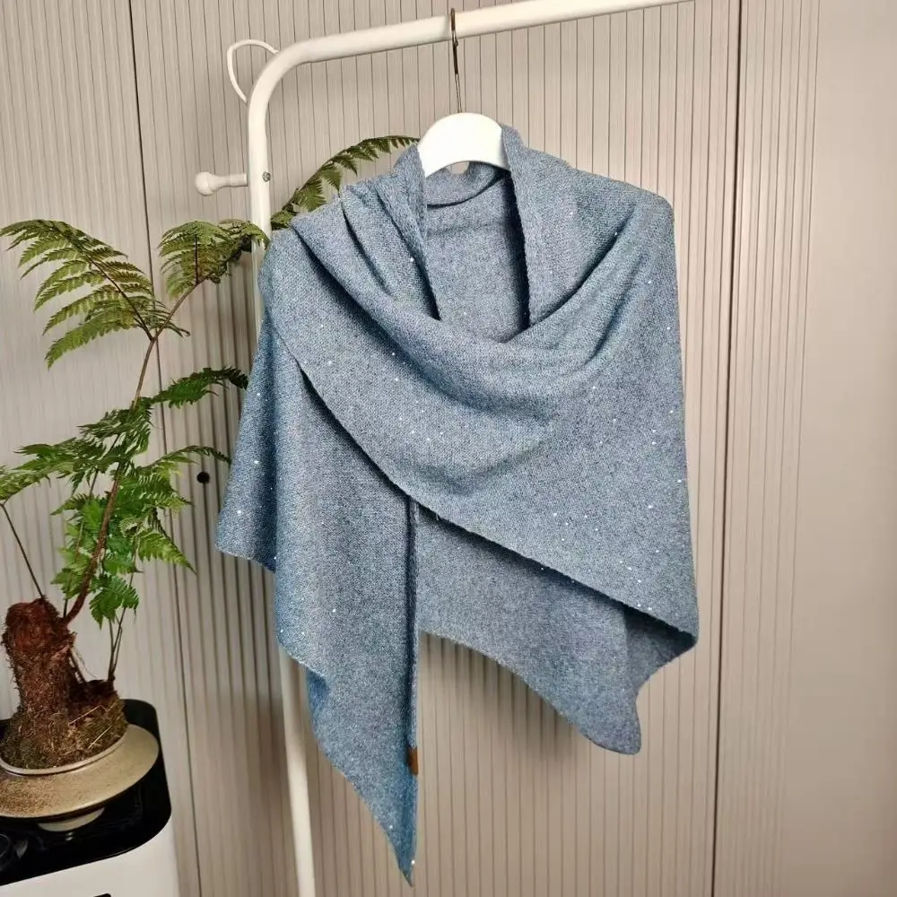 Women Fashion Winter Warm Woolen Shawl High End Korean Sequin Triangular Scarf Thermal Mongolian Poncho