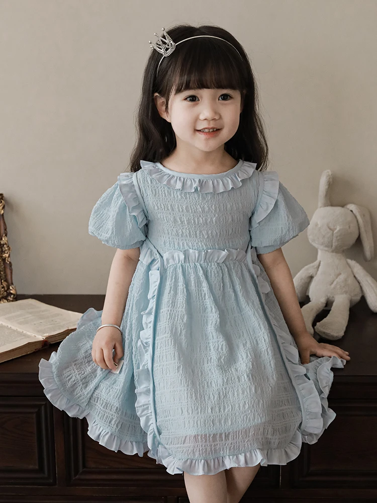 2023 Girls' Dress Summer Spliced Bubble Sleeve Round Neck Lightweight Solid Color Skirt Kids Dresses for Girls 4-6y