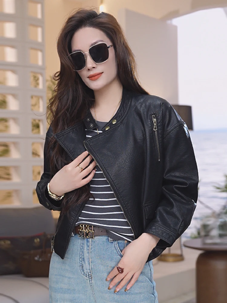 Café Brown Short Leather Jacket Outerwear 2026 Spring Autumn New Style Fashionable Women's Small Size Top Zipper Design