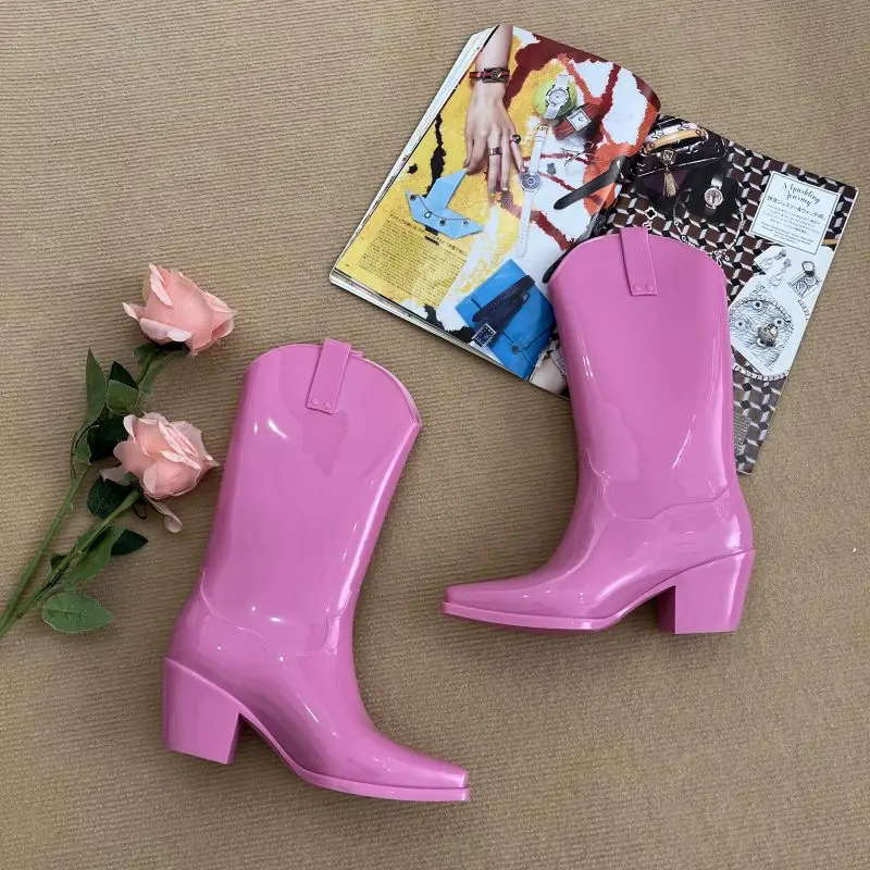 Traf New Women Rain Boots Knee High Cowboy Rubber Boots Elastic Solid Waterproof Cowgirl Pink Boots Ladies Chunky Mid Heel Shoes