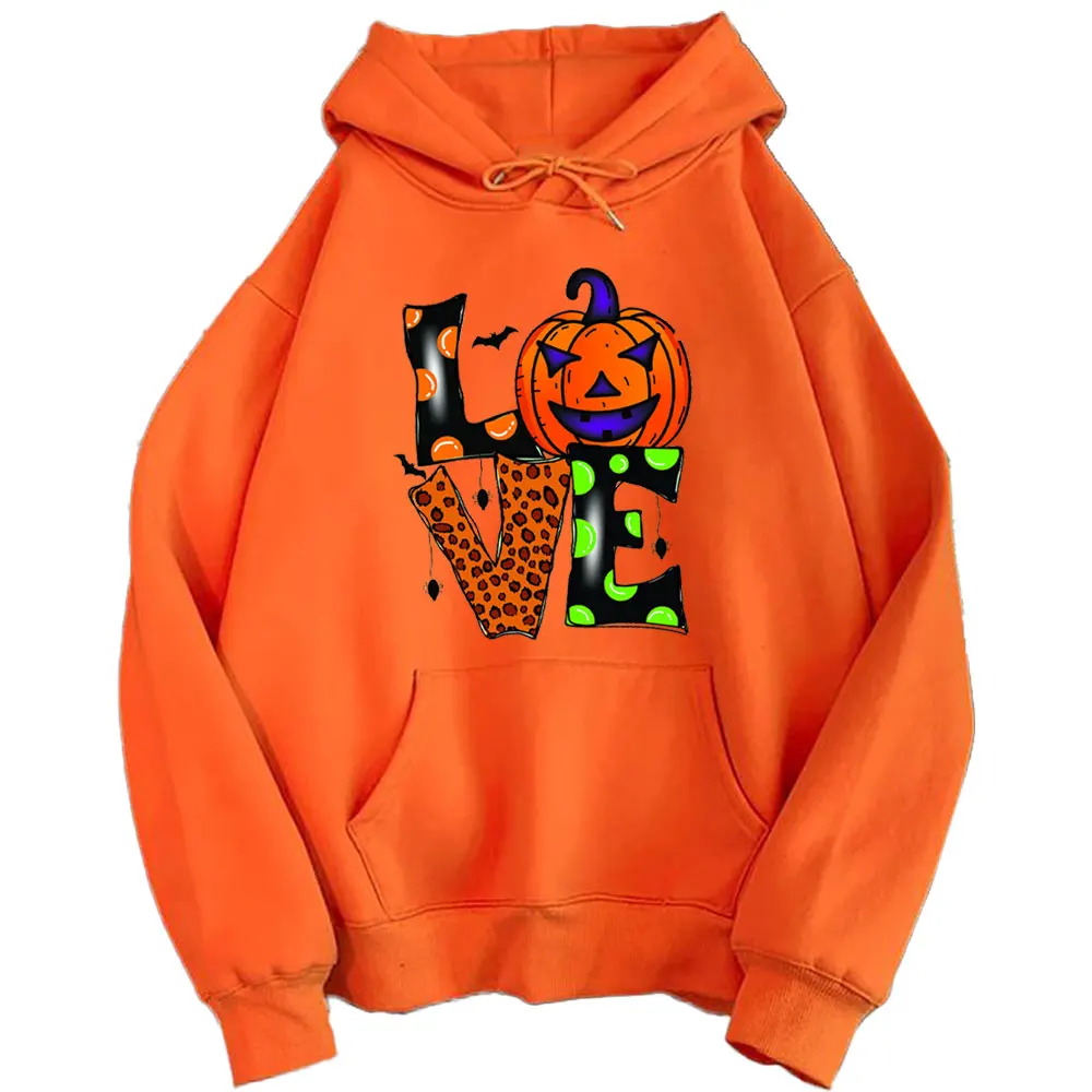 Funny Love Pumpkin Spider Web Halloween Unisex Sweatshirt Halloween Monster Bat Graphic Printed Hoodie Halloween Orange Hoodies