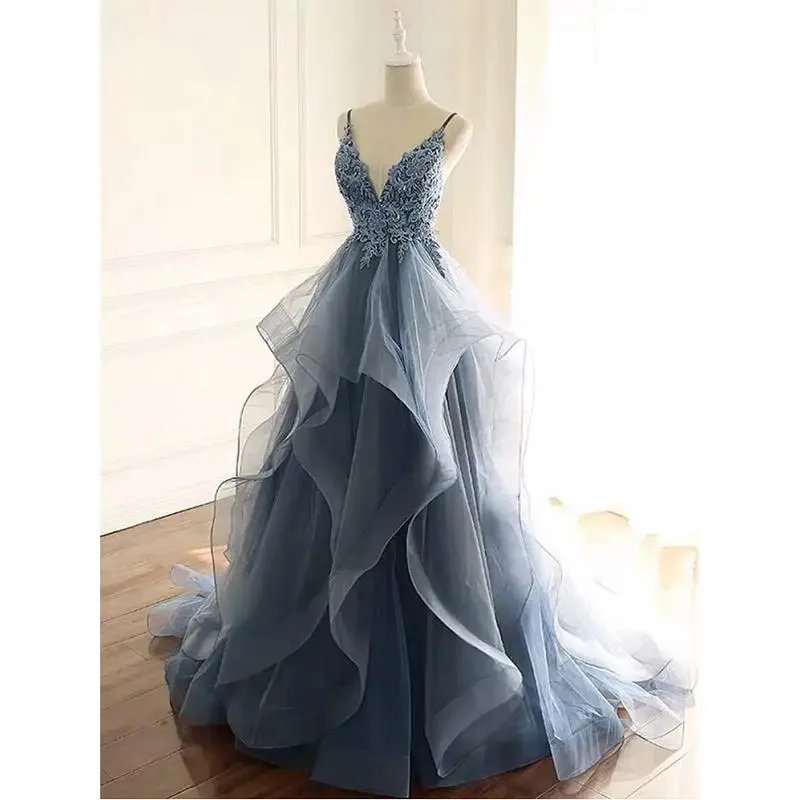 Elegant Layers Ruffles V Neck Evening Dress Lace Appliques Long Party Gown Sleeveless abendkleid 2024 vestidos de noche