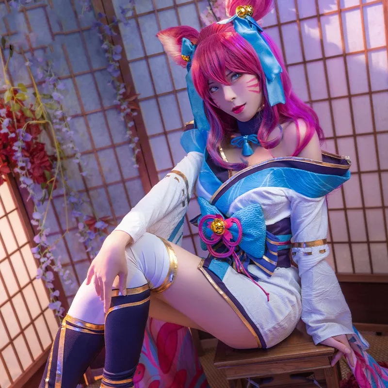 LOL Spirit Blossom Ahri Cosplay para mulheres, jogo de peruca, quimono, hanfu, conjunto completo, vestido chinês