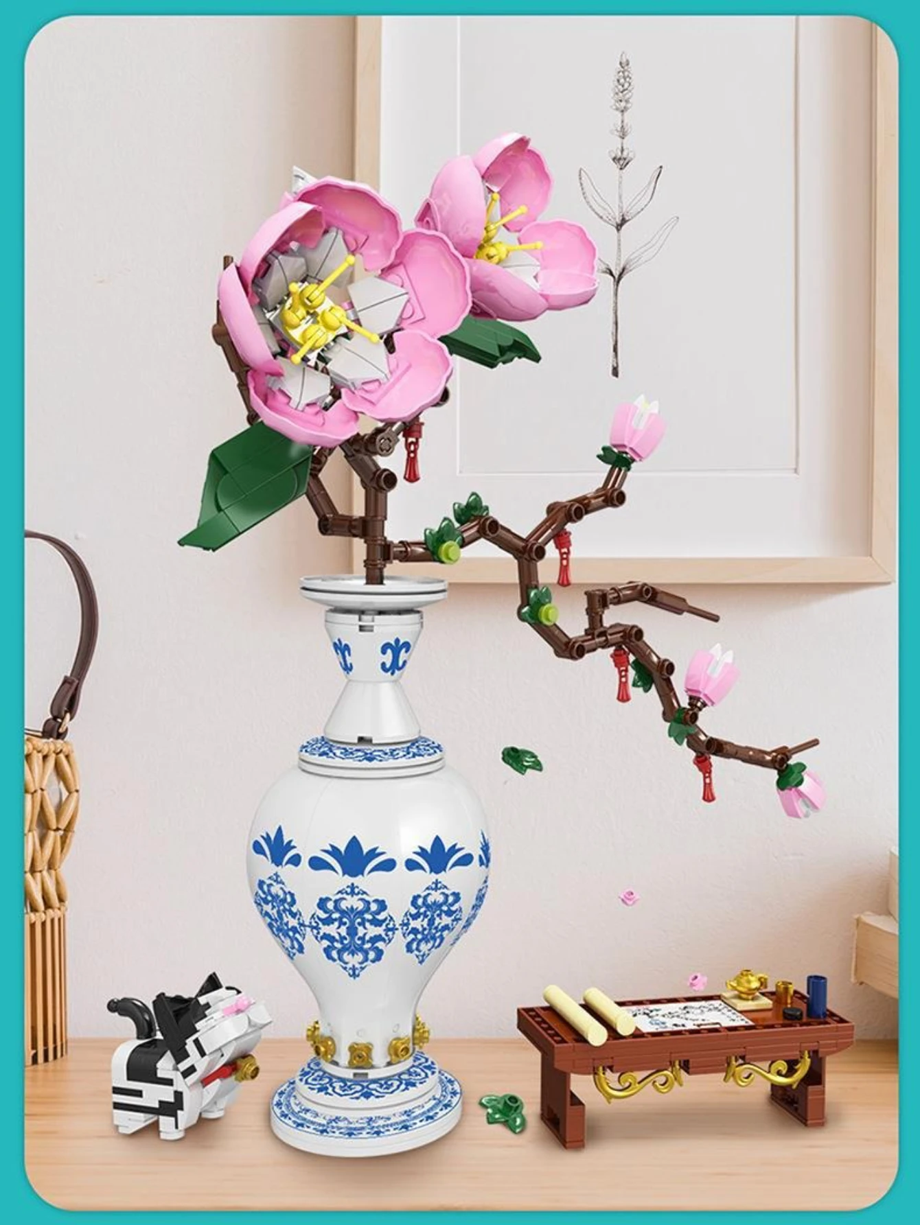 Moc primavera buquê de flores de pêssego vaso de blocos de construção de plantas conjunto de decoração de flores brinquedos crianças aniversário feriado presentes especiais do dia