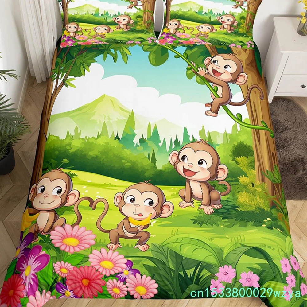 Cute Monkey Bedding Set Full Twin Cartoon Banana Stars Duvet Cover Tropical Wild Animal Fruit Comforter Cover Yellow Quilt Cover