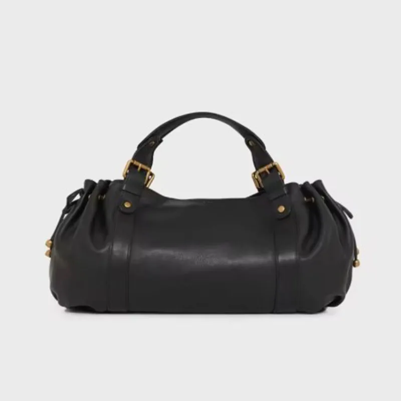 

Vintage Style Black Leather Shoulder Bag, Gold Hardware Barrel Shaped Handbag, Retro Designer Tote for Women Fashion