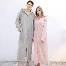 Autumn and winter zipper bathrobe hooded nightgown couple thickened pajamas flannel women's long nightgown