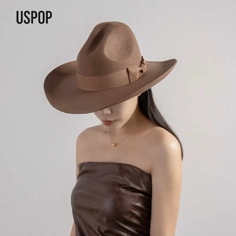 

USPOP осенне-зимняя модная шерстяная ковбойская шляпа с ленточным бантом и широкими полями, флоппи-федора, уличная теплая шерстяная фетровая шляпа
