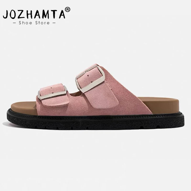 JOZHAMTA Size 35-40 Women Real Leather Slippers Summer 2023 Platform Shoes For Women  Fashion Buckle Heels Sandals Outdoor