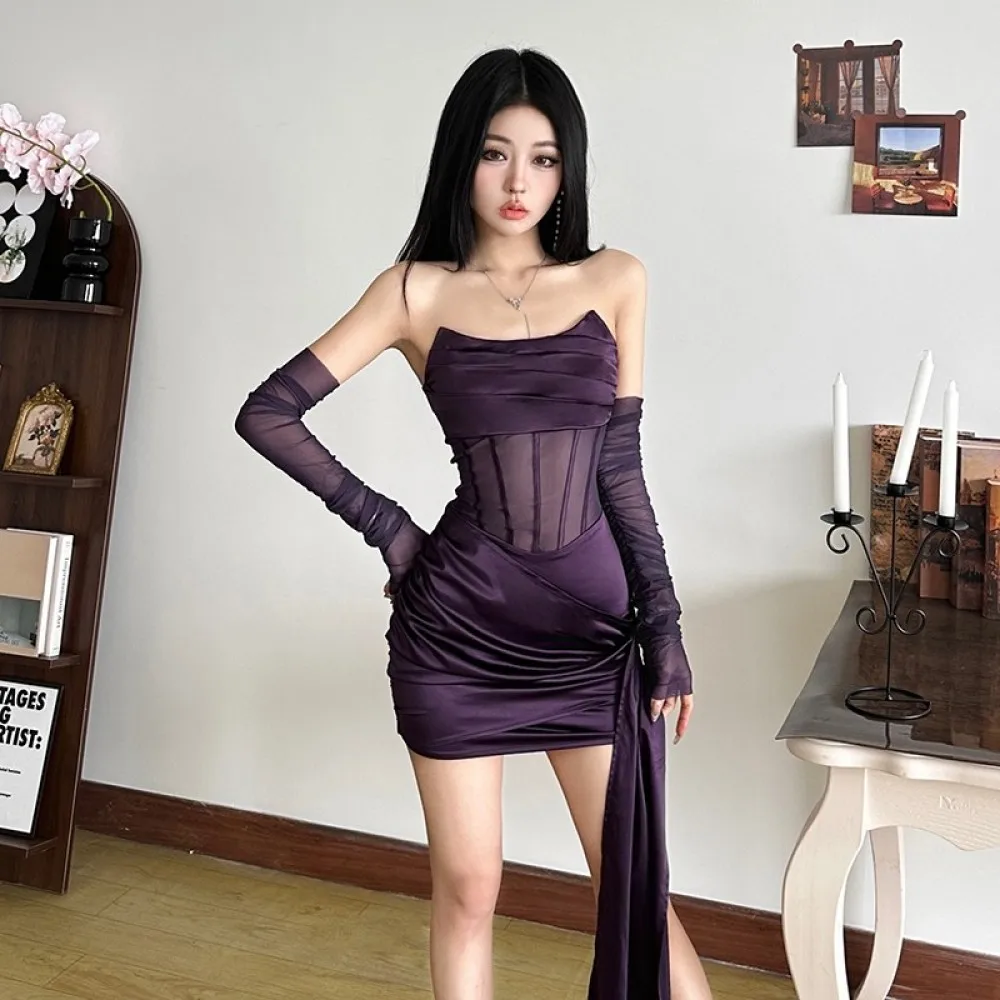SylCue Mesh Patchwork Mini Dress+Oversleeve Woman Off Shoulder Backless Ruched Ribbon Midnight Prom Party Ruched Elegant Bodycon
