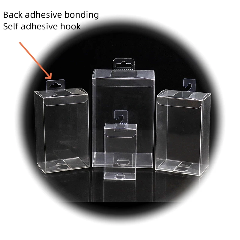 Transparent PVC Boxes with Self-adhesive Hooks, Display Boxes with Semi Open Hooks, PET Plastic Box Hooks, 100 PCs