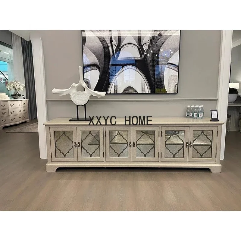 

Американский стиль, шкаф для телевизора из массива дерева, журнальный столик, винтажный белый резной французский кантри