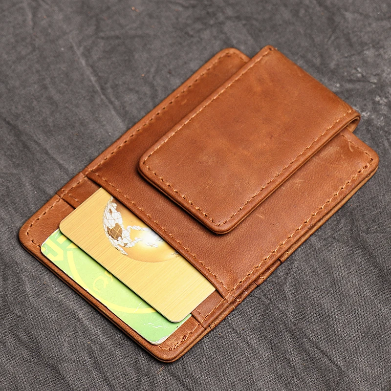 Crazy Horse Leather Women Men Credit Card Holder Small Wallet Front Pocket Magnetic Money Clip Fashion Vintage Coin Pouch