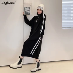 Turtleneck Dresses Women Long Sleeve A-line Baggy Hip Wrap Dress Spring Autumn Spliced Zippers Striped Gothic Korean Style Chic