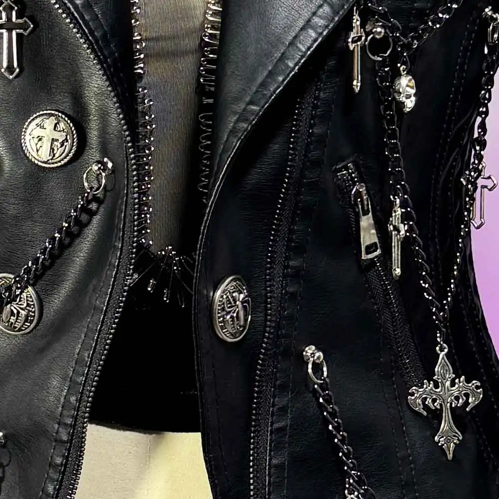 Punk Rock Grunge Pin e-girls chaîne bricolage Y2K cuir végétalien crâne veste manteau fait à la main Harajuku Emo Cross Club porter gothique années 90