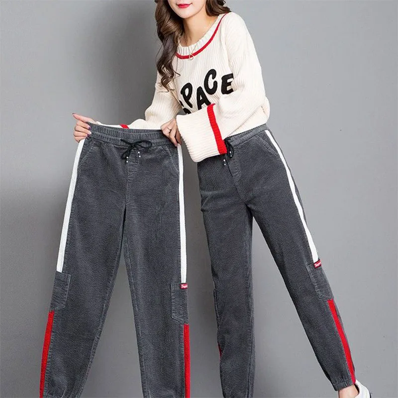 Autumn Winter Panelled Loose Plus Fleece Warm Sweatpants Lace-up Waist Straight Korean Fashion Women Casual Bloomers Trousers