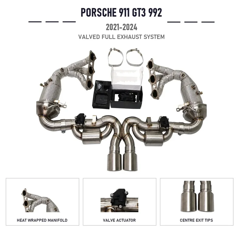 Direct Fit Valved Full Exhaust System For Porsche 911 GT3 992 4.0L 2021 to 2024 Heat Shield Remote Control Stainless