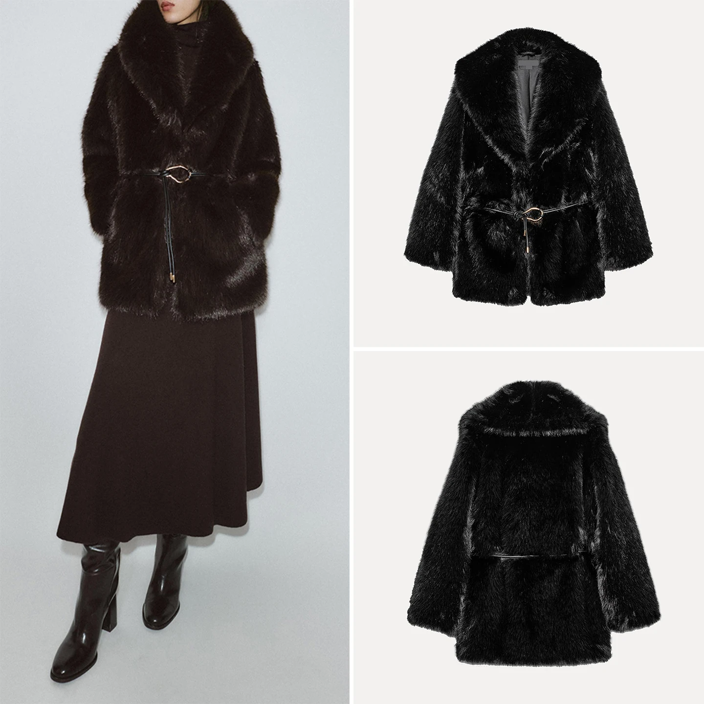 

Autumn 2025 Women's Faion Two-Tone Artificial Fur Effect Belted Coat Long Sve Notched Collar Mid-Length Other Material 00%
