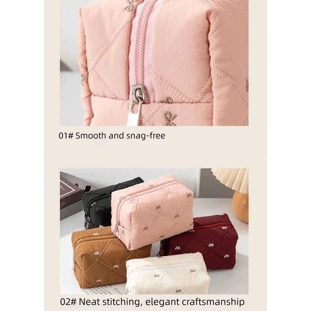 

Multifunctional Bow Quilted Makeup Bag Large Capacity Portable Women Wash Pack Space Saving Bow Decoration Travel Toiletry Pouch