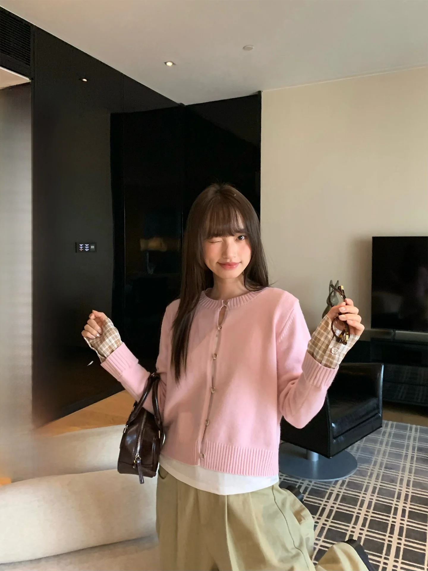 

iny Autumn Winter Plaid Long Sve Knitted Sweater Coat Women's Inner Wear Casual Loose Fit round Ne Zipper Design