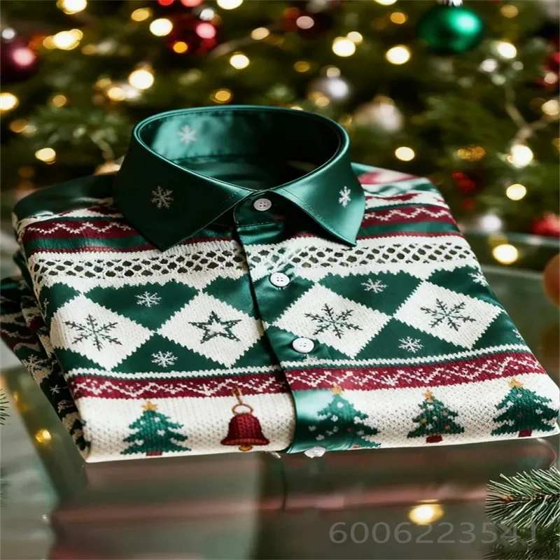Fashion Men Xmas Button Up Shirt Color Block Striped Gingerbread Man Snowflake Pattern Long Sleeve Shirt Christmas Banquet Male