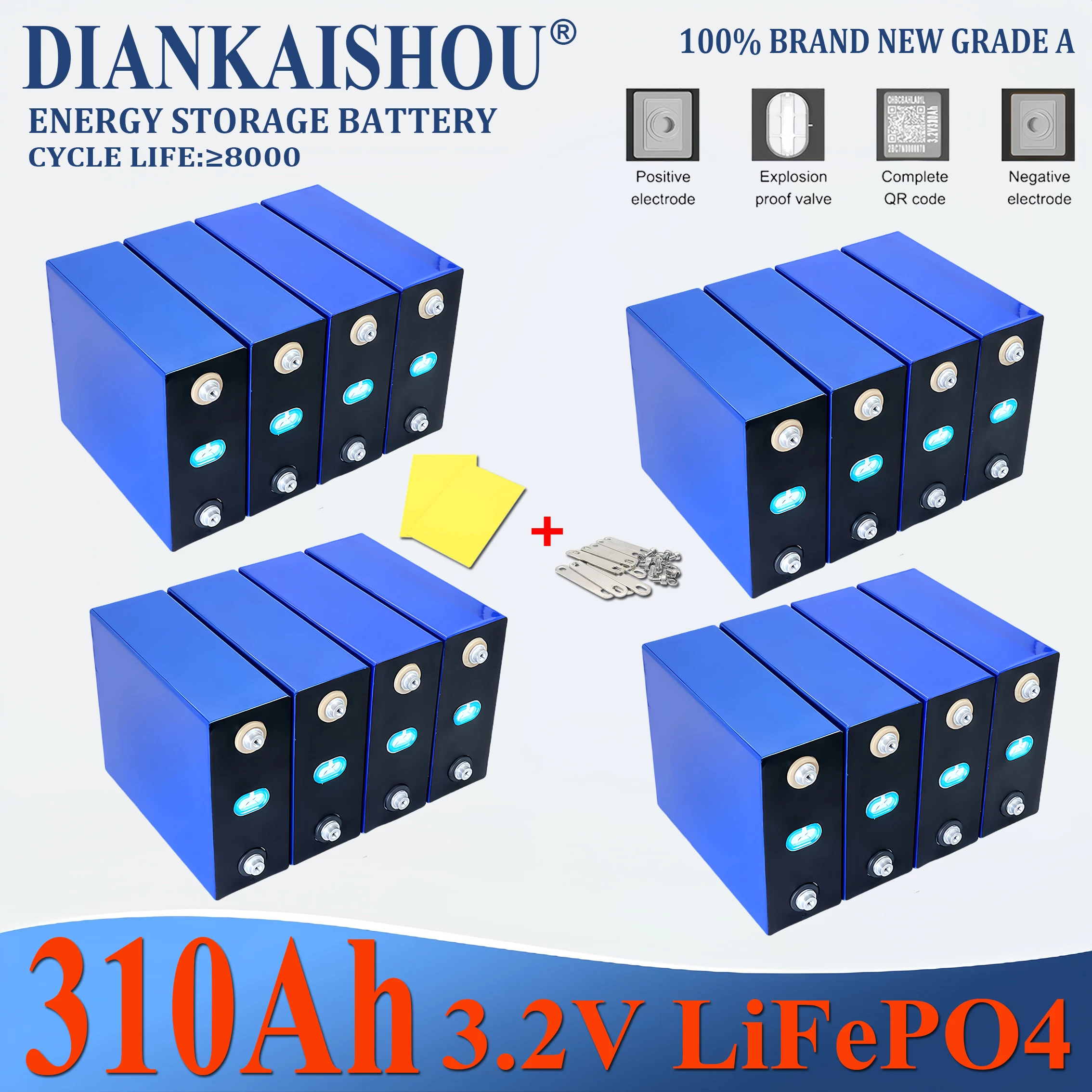 

16PCS Grade A 3.2V 310Ah Lifepo4 Rechargeable Battery Lithium Iron Phosphate Travel Solar RV Campers Cell 48v batteries Tax Free