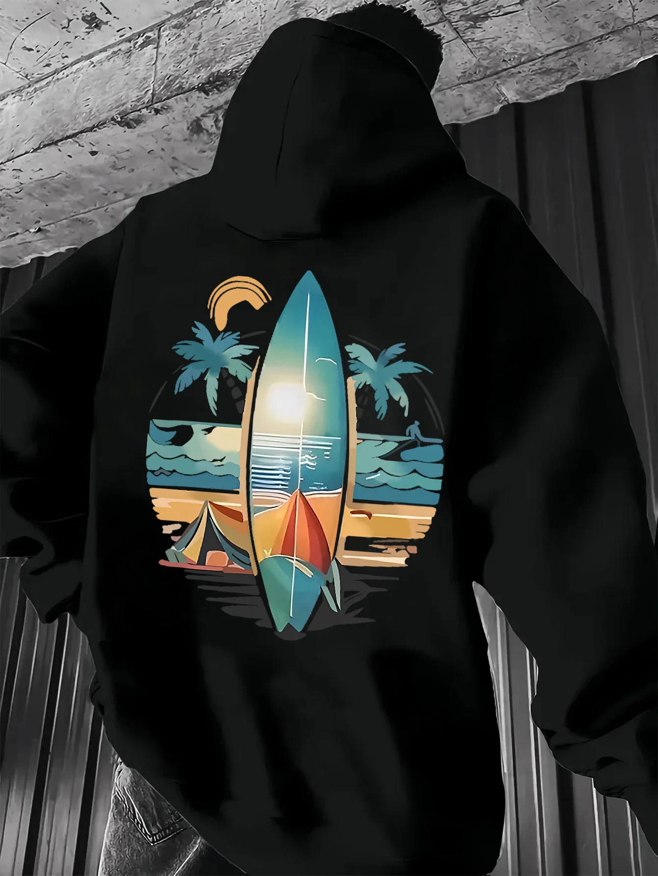 Men's Daily Simple and Fashionable Hooded - Sunset Surf Print - Street Style Hip-Hop Casual - Suitable for Autumn and Winter.