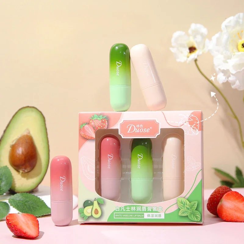 3 pçs frutas conjuntos de bálsamo labial temperatura mudança de cor hidratante nutritivo hidratante batom kits lábios pele brilho labial