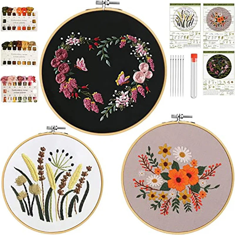 

Embroidery Kit with Instructions, 3 pcs Bamboo Embroidery Wooden Hoop Different Sizes, 6 pcs Sewing Pins and 3 pcs Aida Cloth