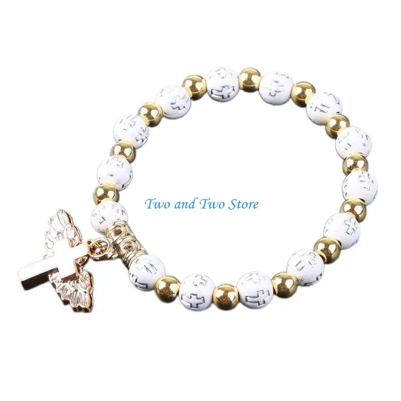 

HX6F Fashion Stretch Bracelet Angel for Cross Pendant Rosary Beads Bracelet Religious Jewelry Travel Souvenir Gift for Girl W