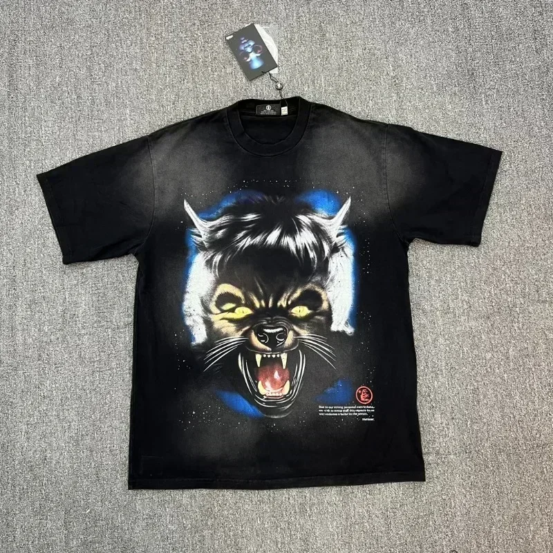 Oversized Wolf Head Print Hell Star T Shirts For Men Women 1:1 Best Quality Black Washed Full Moon Tee