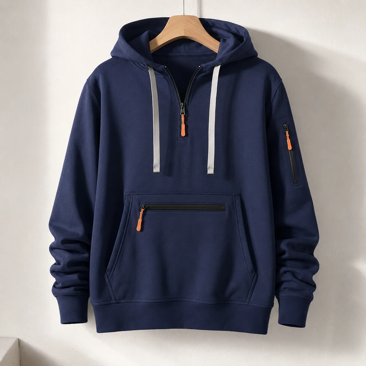 Men Half Zip Pullover Hoodie Solid Color Long Sleeve Casual Multi Pocket Outdoor Sports Fashion Streetwear Sweatshirt Trendy Top