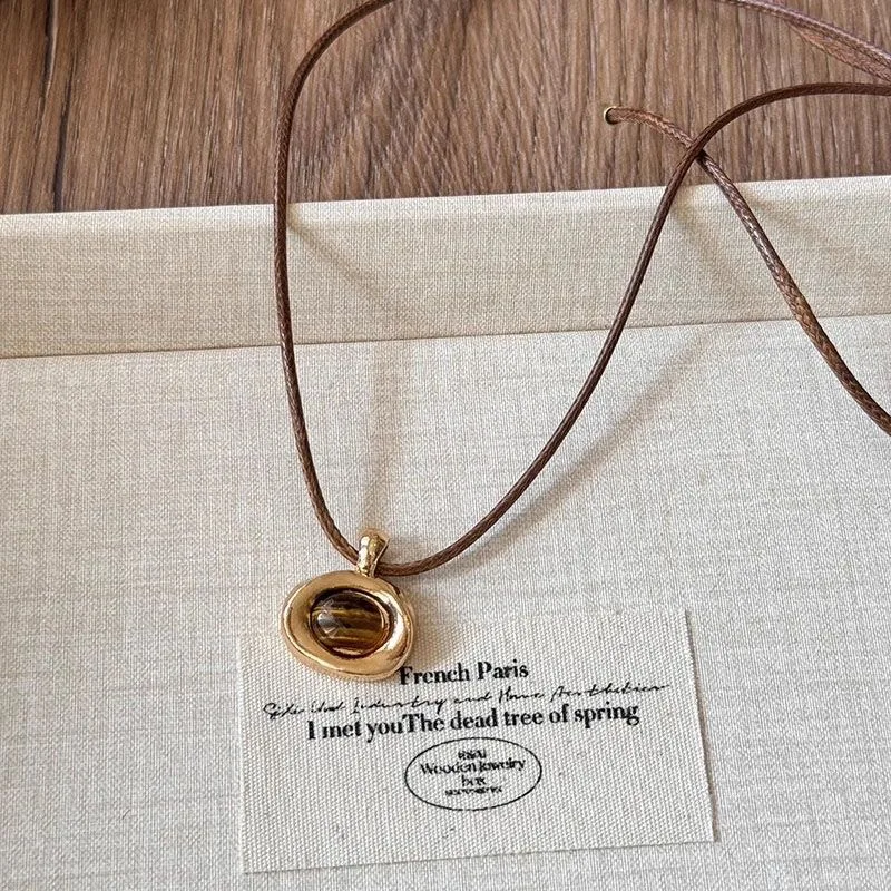 Vintage Leder braun Stein Sonne Anhänger Perlen Halsband Schlüsselbein Kette Halskette für Frauen einzigartige Y2K personalisierte Grunge Schmuck