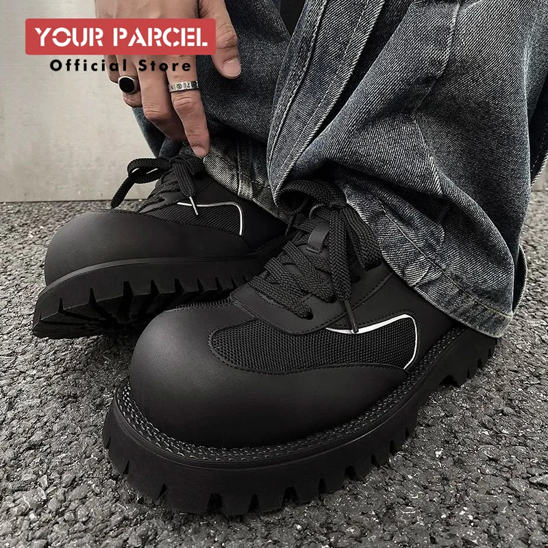 Sports leather shoes men thick soled casual round toe genuine leather Derbies shoes commuting mesh breathable reflective design