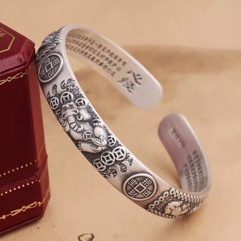 

S999 Pure Silver Pixiu Bracelet, Retro Thai Style, Heart Sutra Engraved, Open Cuff, Lucky Wealth Jewelry, Unisex Couple Gift