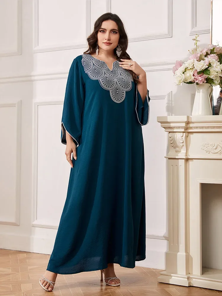 

Loose Abayas for Women Caftan Dubai Abayas Ice Silk Muslim Dress Women Dinner Gown Elegance V-neck Long Sleeve Arab Vestidos