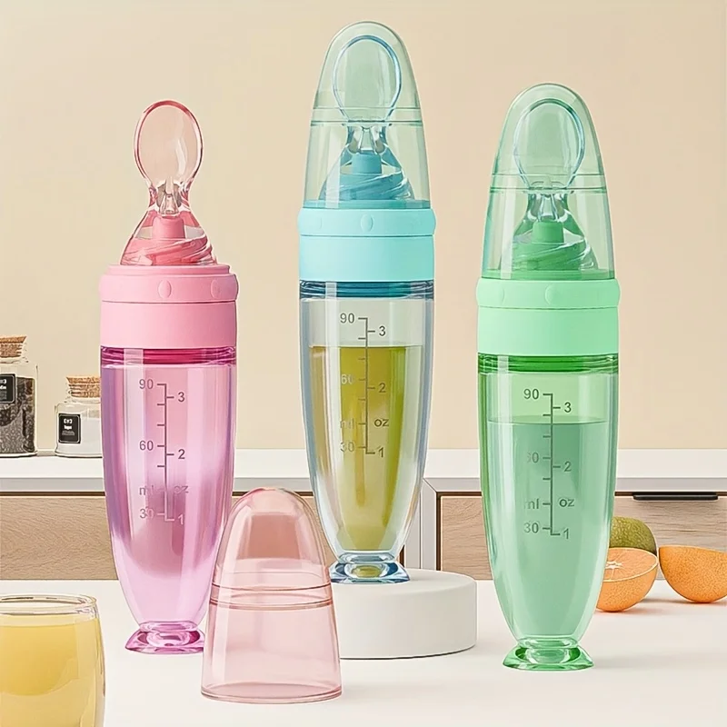 1PC silicone milk bottle with soft spoon head - automatic extrusion and suction cup design, suitable for children, compatible wi