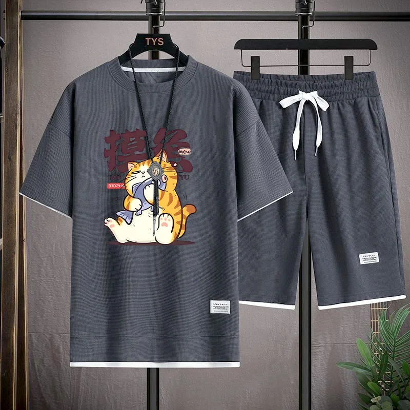 

Модный повседневный мужской комплект: летняя свободная рубашка с коротким рукавом и шорты, молодежные брюки из полиэстера длиной до колена