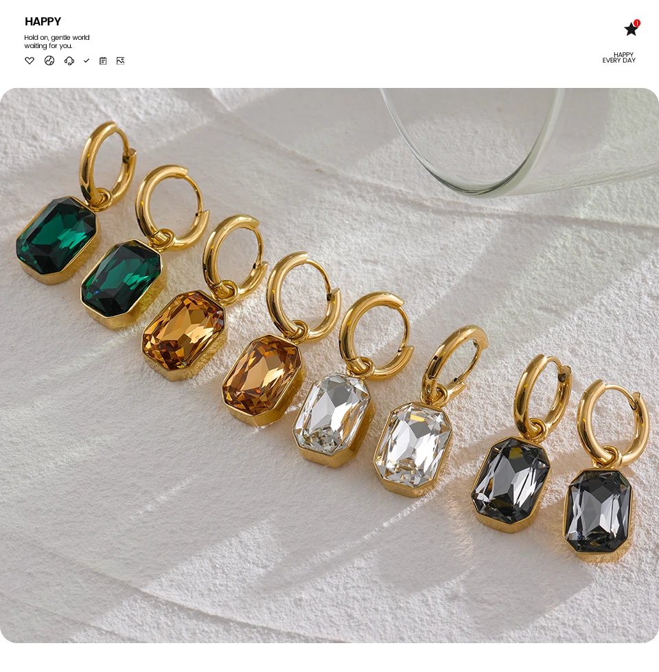 Yhpup Edelstahl-Ohrringe mit kubischem Zirkonia, trendige Ohrringe, 18 Karat vergoldet, grüner quadratischer geometrischer Ohrring-Schmuck – Detail 9