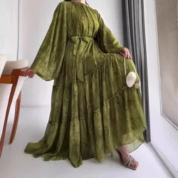 Women Dress Long Dresses A Line Casual Puff Full Sleeve Round Neck Maxi Lace Up Tight Waist Print Floral Elegant Splice Vestidos