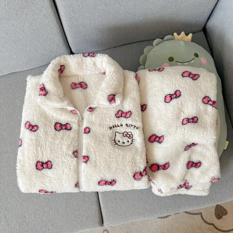 

Sanrio Hello Kitty Women's New Plush Flannel Zipper Pajama Set Winter Fleece Lined Thickened Warm Cute Home Loungewear Sleepwear