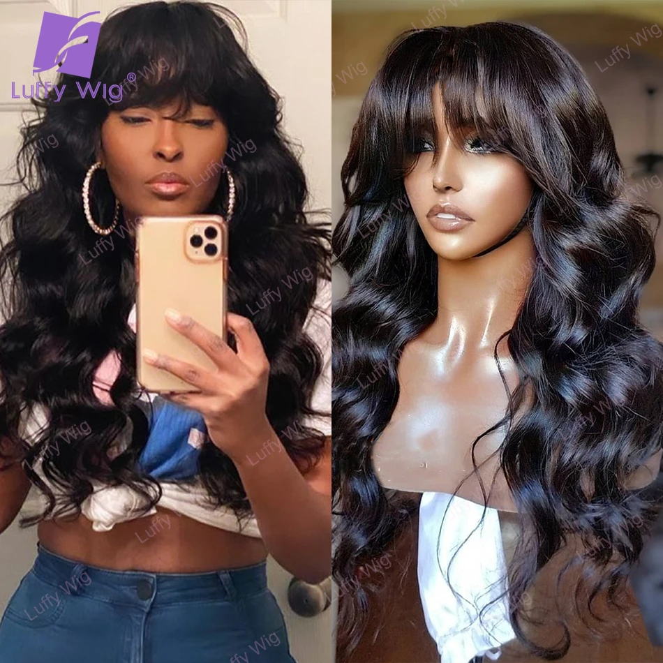 

Длинный волнистый парик с челкой, 200% плотность, свободные вьющиеся человеческие волосы Remy, полностью машинное производство, O шелковые парики для кожи головы