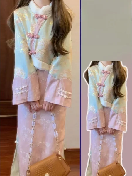 

plus Size Faionable Chinese Sle Set New Spring Season Button Sve Long Cotton Plant Floral Patterned Two-Piece Suit