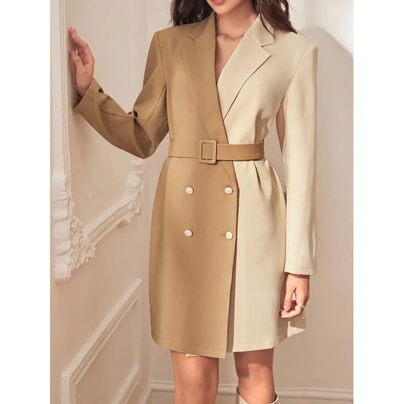 Women's Casual Blazer Beige Khaki Double Breasted Notch Lapel Knee Length Dress Jacket Formal Office Work Suits One Piece 2025