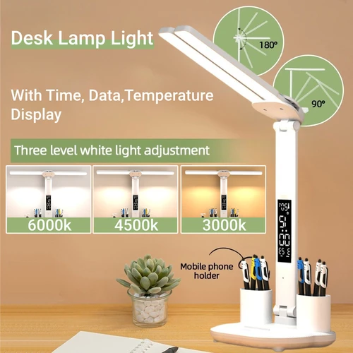 USB LED 시계 조도 조절 책상 램프, 180 도 회전 접이식 책상 독서 야간 조명, 눈 보호 테이블 램프, 2 헤드, 신제품