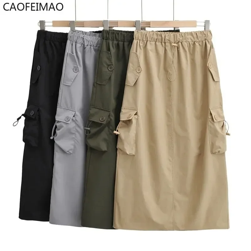 

Caofeimao Skirts for Women 2025 New Vintage Streetwear Drawstring Split High Waist Loose Mid Calf Y2k Skirt Fashion Clothing