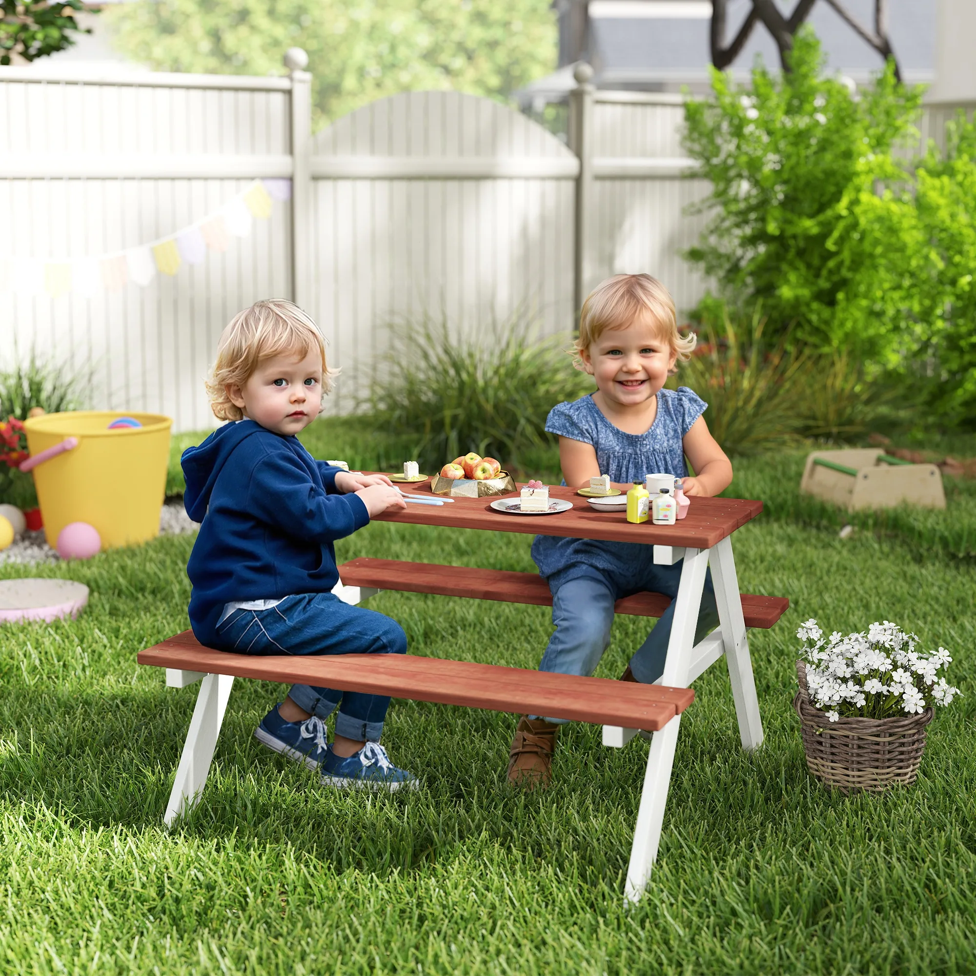 Kids Outdoor Picnic Table - ชุดโต๊ะปิกนิกสำหรับเด็ก, ชุดโต๊ะและม้านั่งไม้, เฟอร์นิเจอร์สำหรับเด็กเล่นกลางแจ้งสำหรับสวน, สนามหลังบ้าน, สำหรับเด็กอายุ 3-8