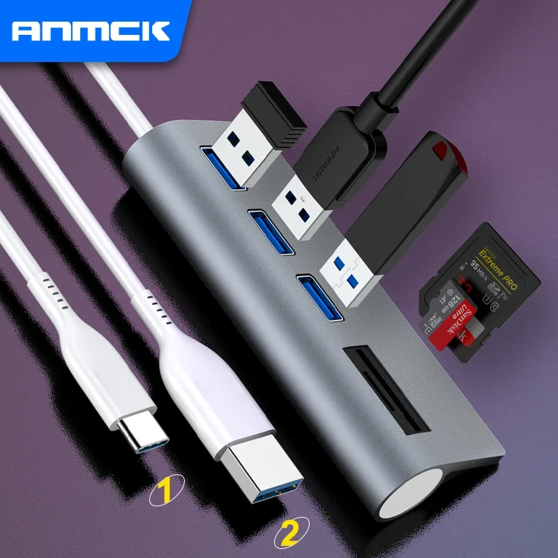 Anmck-Hub USB 2,0 con lector de tarjetas SD para ordenador portátil, adaptador divisor USB 2,0 para PC y Macbook Pro, 5 puertos