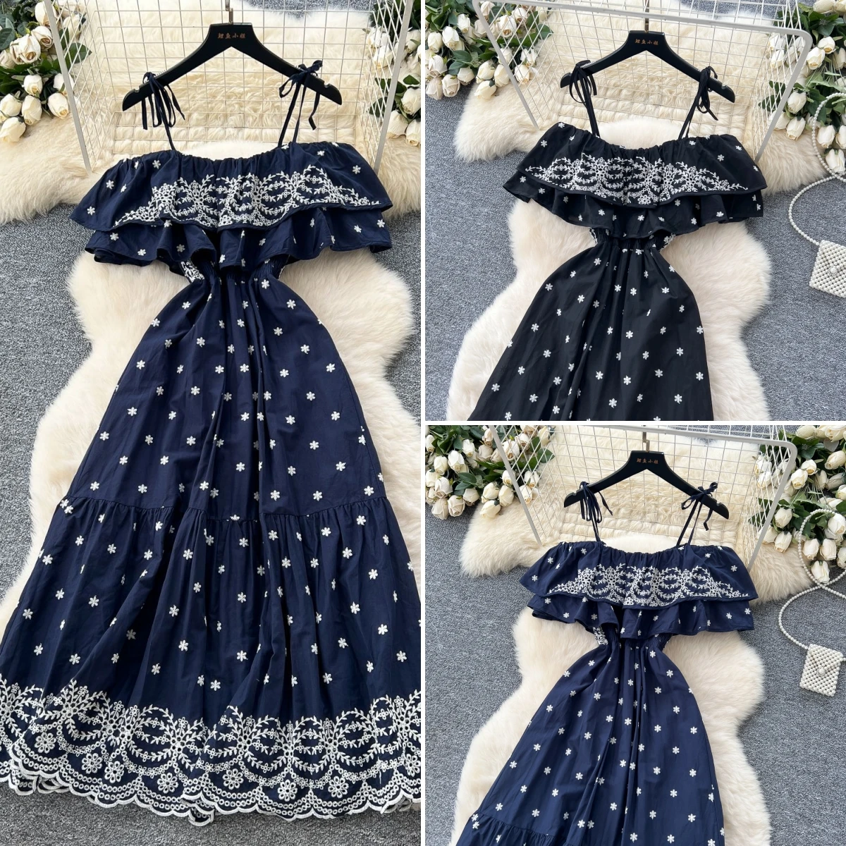 

Slash Neck Dresses Ruffles Dress Women Hollow Party Sleeveless White High Wait Spliced A Line Ankle Length Vestidos Lady 2025