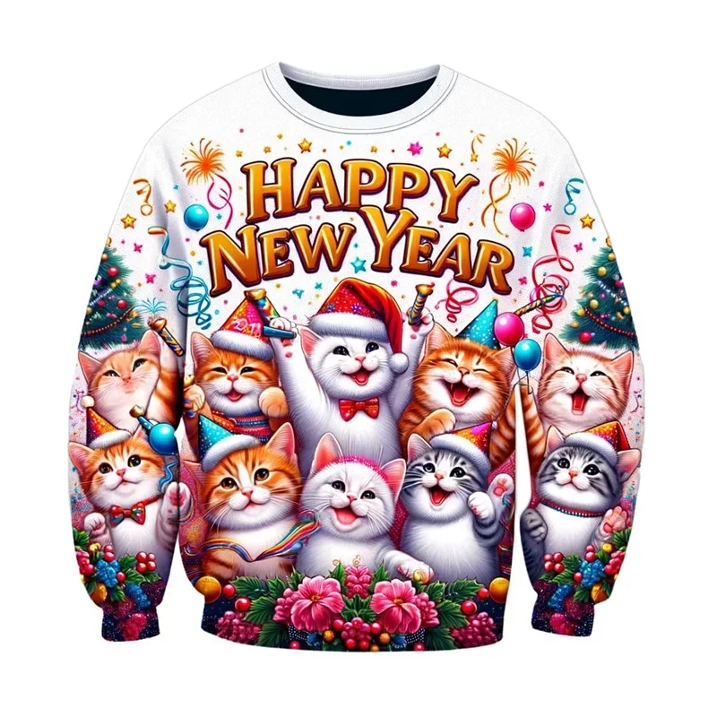 2025 سنة جديدة سعيدة البلوز للنساء الرجال ثلاثية الأبعاد طباعة عادية Crewneck السنة الجديدة بلوزات قبيحة جديد في الرجال هوديي الحفلات #1